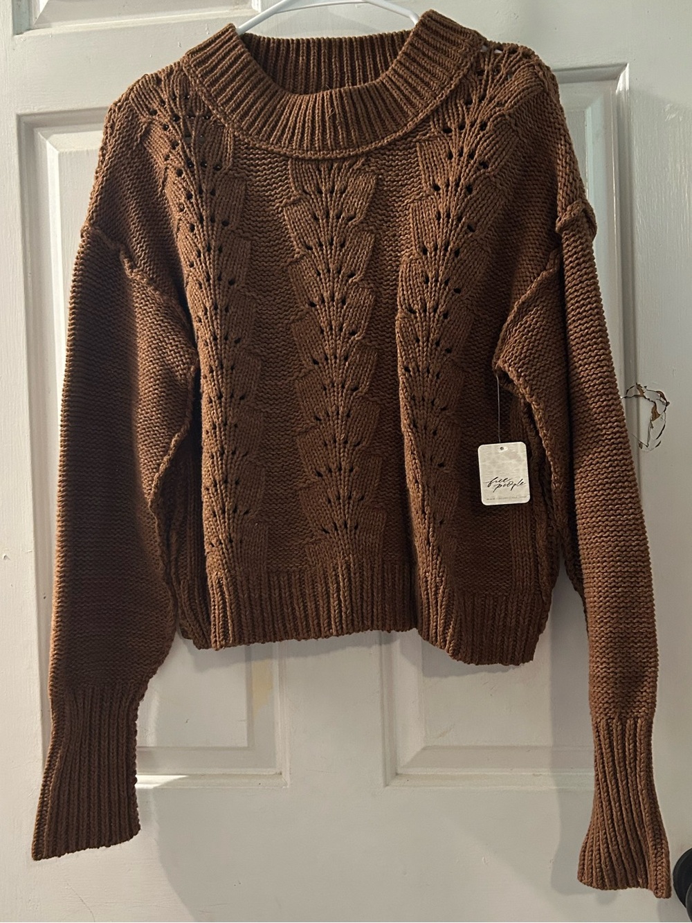 Free People Brown Cable Stitch Crewneck Sweater
